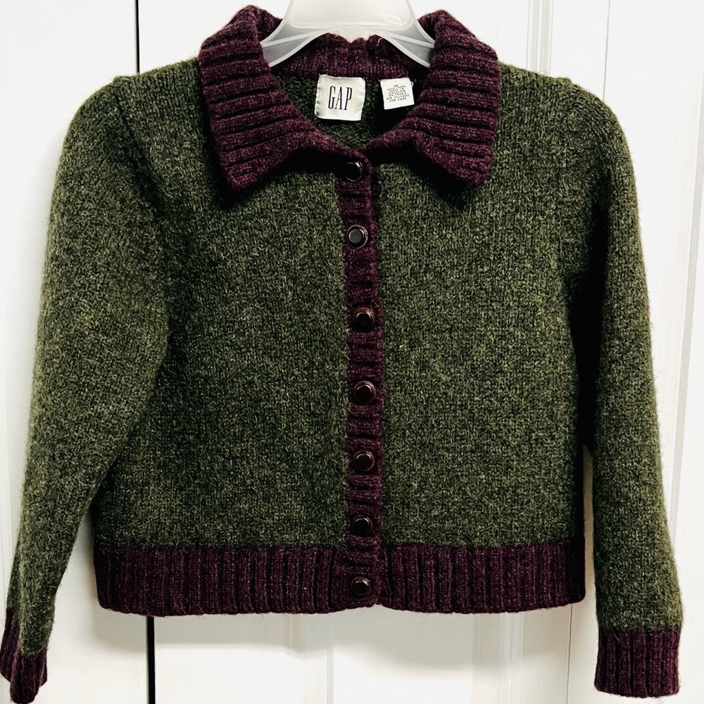 Vintage GAP Green Sweater with Plum Trim Granny Crop Cardigan Size M